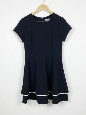 Neiman Marcus Black Mod Tiered Mini Dress Contrast Trim Preppy Size L Old Money